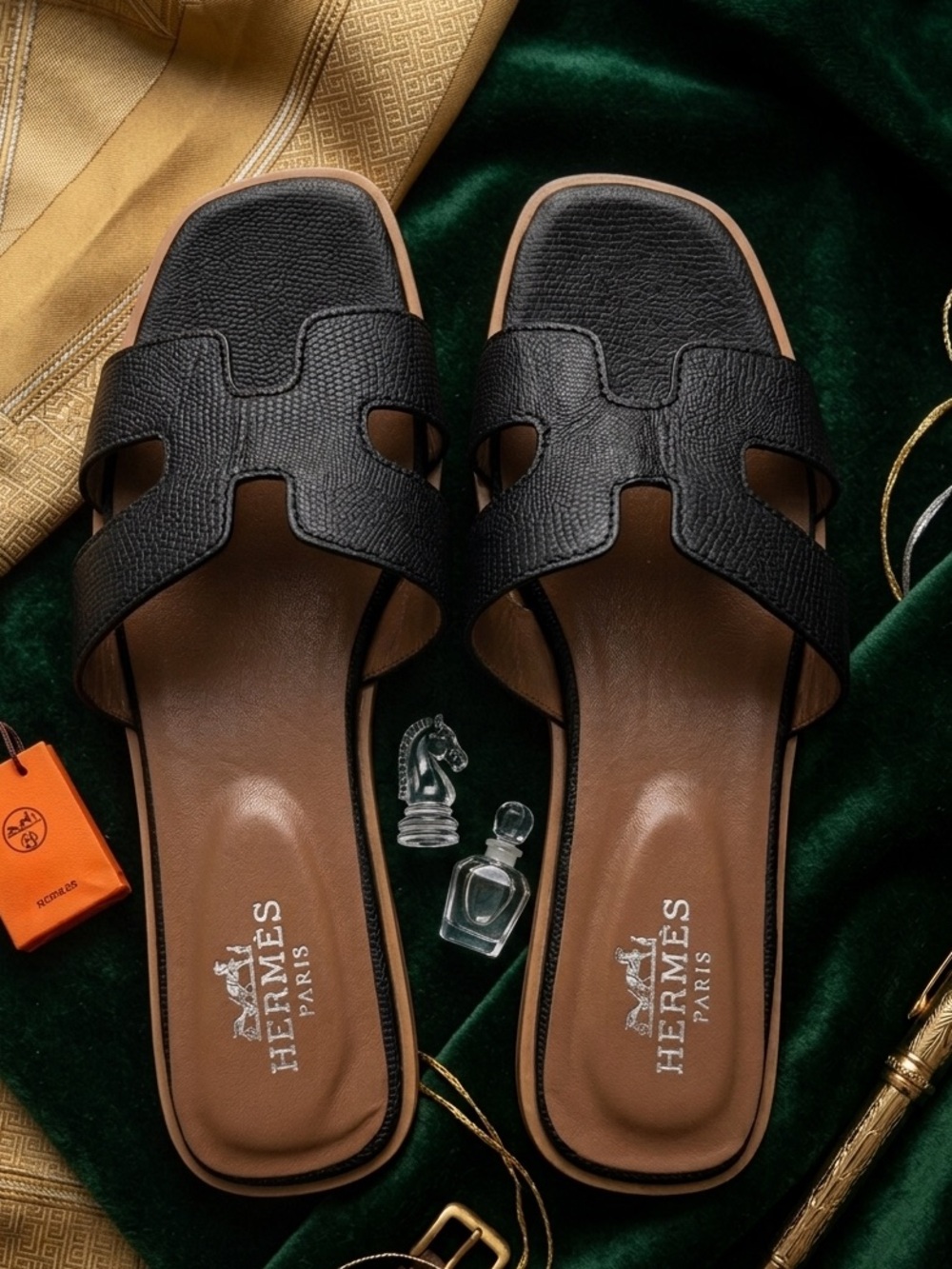 Hermes Black & Tan Leather Oran Slide Sandals